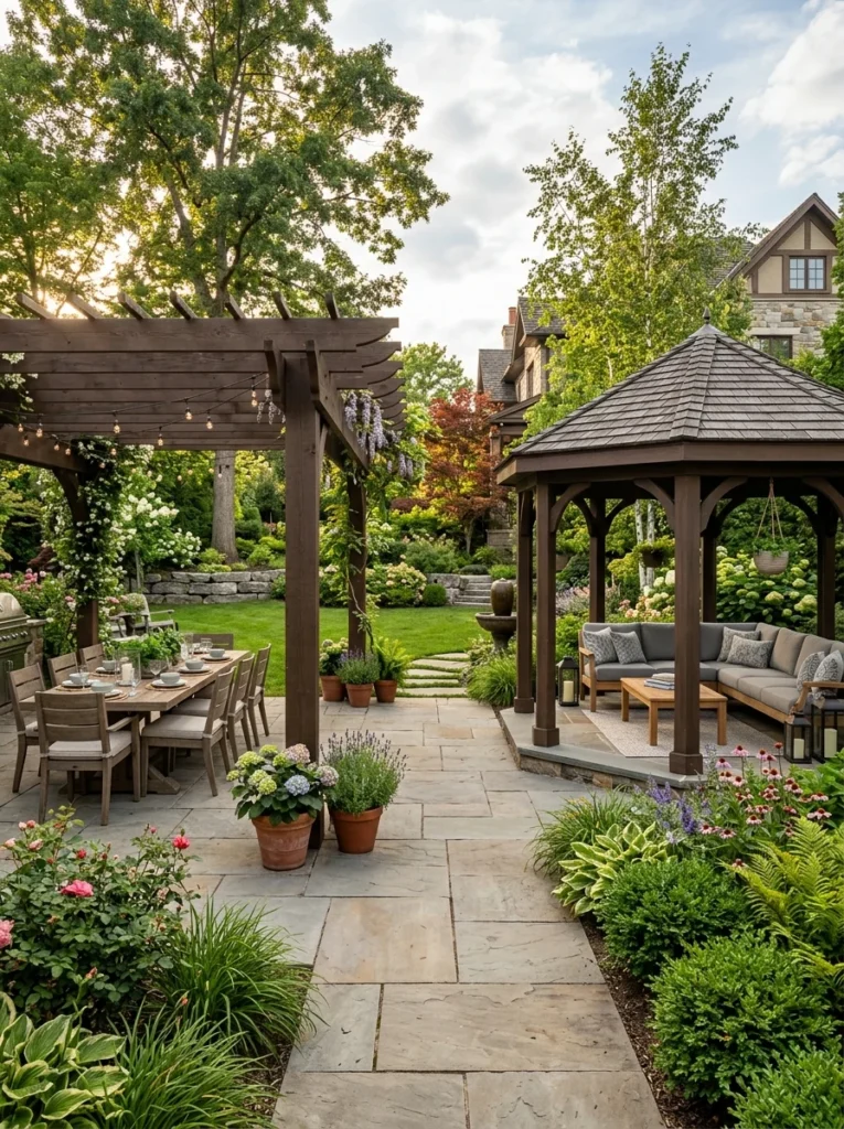 Spacious outdoor structures sized perfectly for dining and lounge furniture.