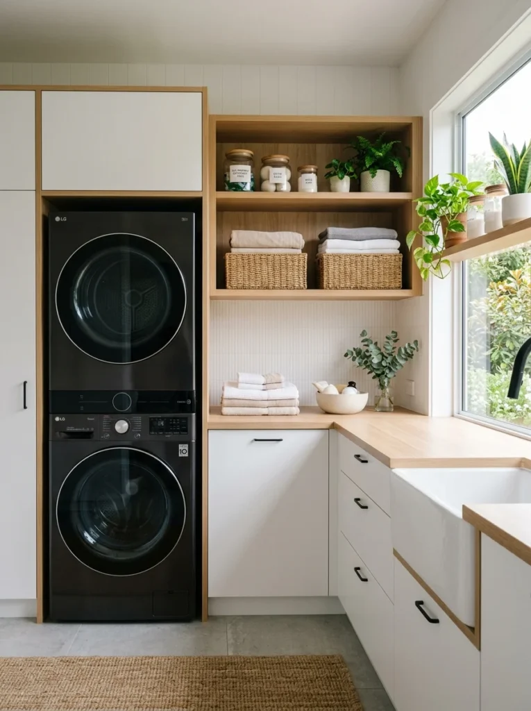 Modern energy-efficient washer and dryer in an organized laundry room.