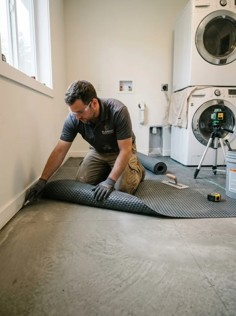 Preparing a level subfloor before installing laundry room flooring.