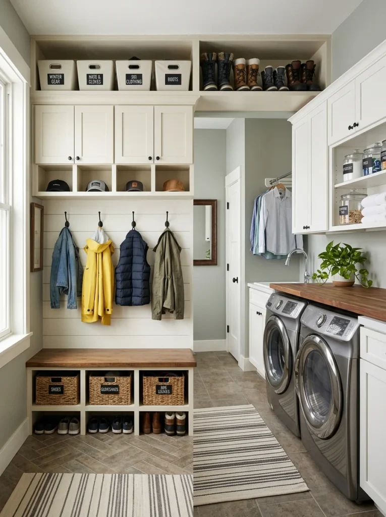 Organized seasonal storage bins and jackets inside a modern laundry room mudroom.