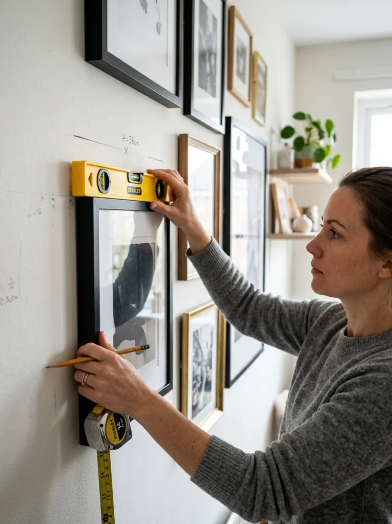 Using a spirit level to hang wall art evenly.