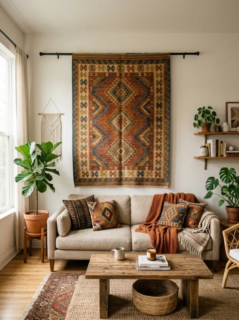 Flat-weave rug displayed as decorative wall tapestry in a rental apartment.