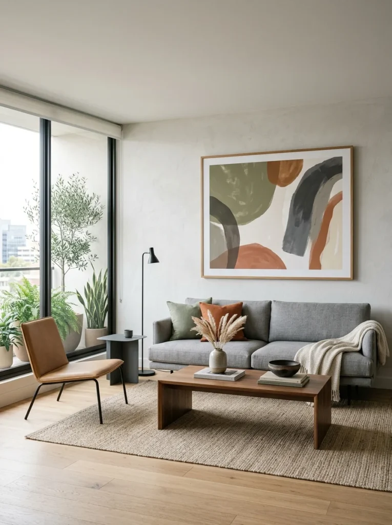 Living room showing artwork that complements wall colors without matching them exactly.