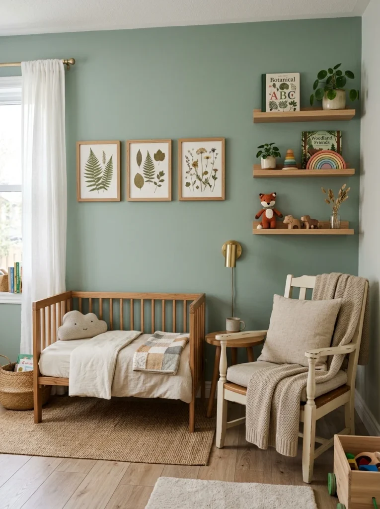 DIY nursery featuring handmade wall art, painted accent wall, and affordable decor ideas.