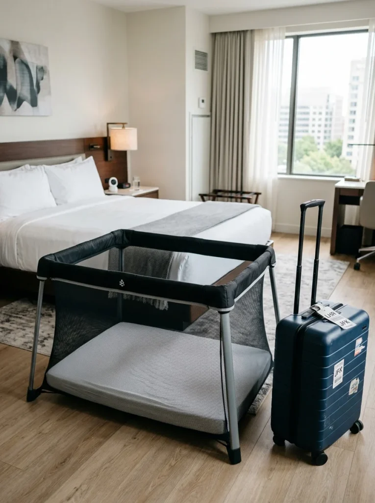 Portable travel crib designed for safe infant sleep.