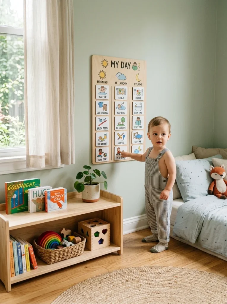 Visual daily routine chart displayed at toddler eye level.