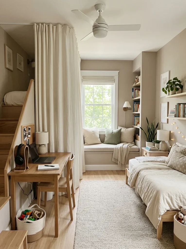 Shared bedroom with privacy curtain and quiet personal space.