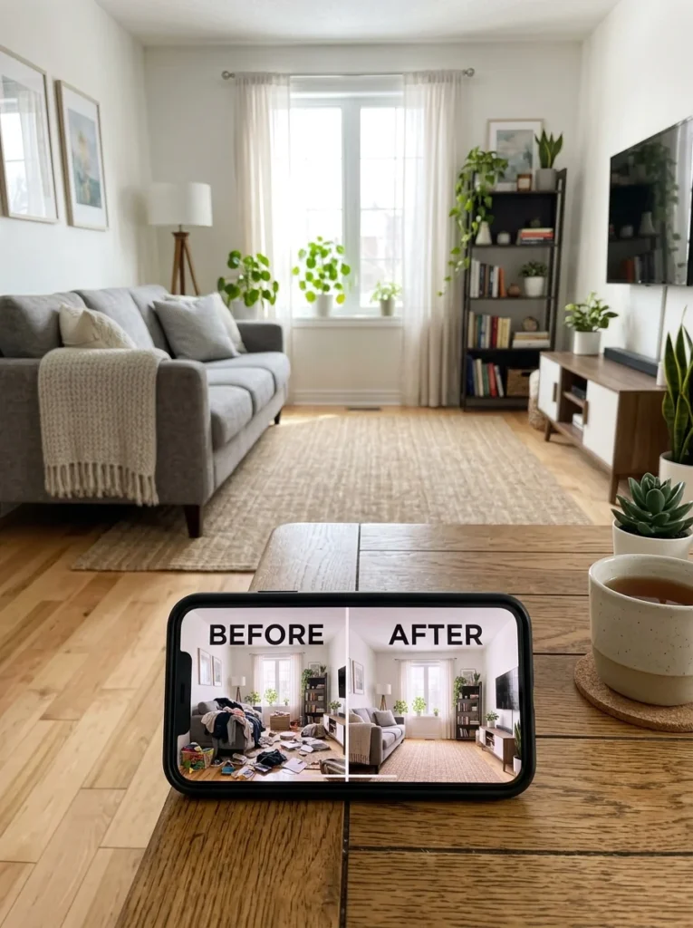 Comparing photos showing successful room transformation.