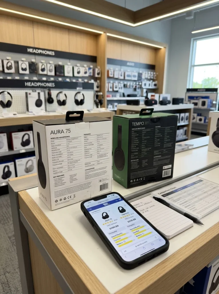 Shopper comparing products before making a thoughtful purchase.