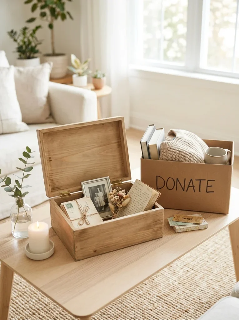 Woman peacefully decluttering sentimental belongings with confidence and gratitude.