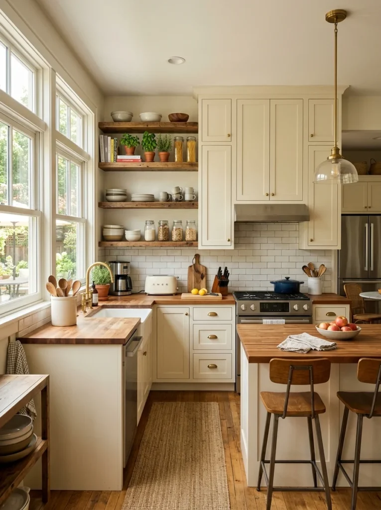 Functional modern kitchen combining practical storage with stylish open shelving for everyday living.