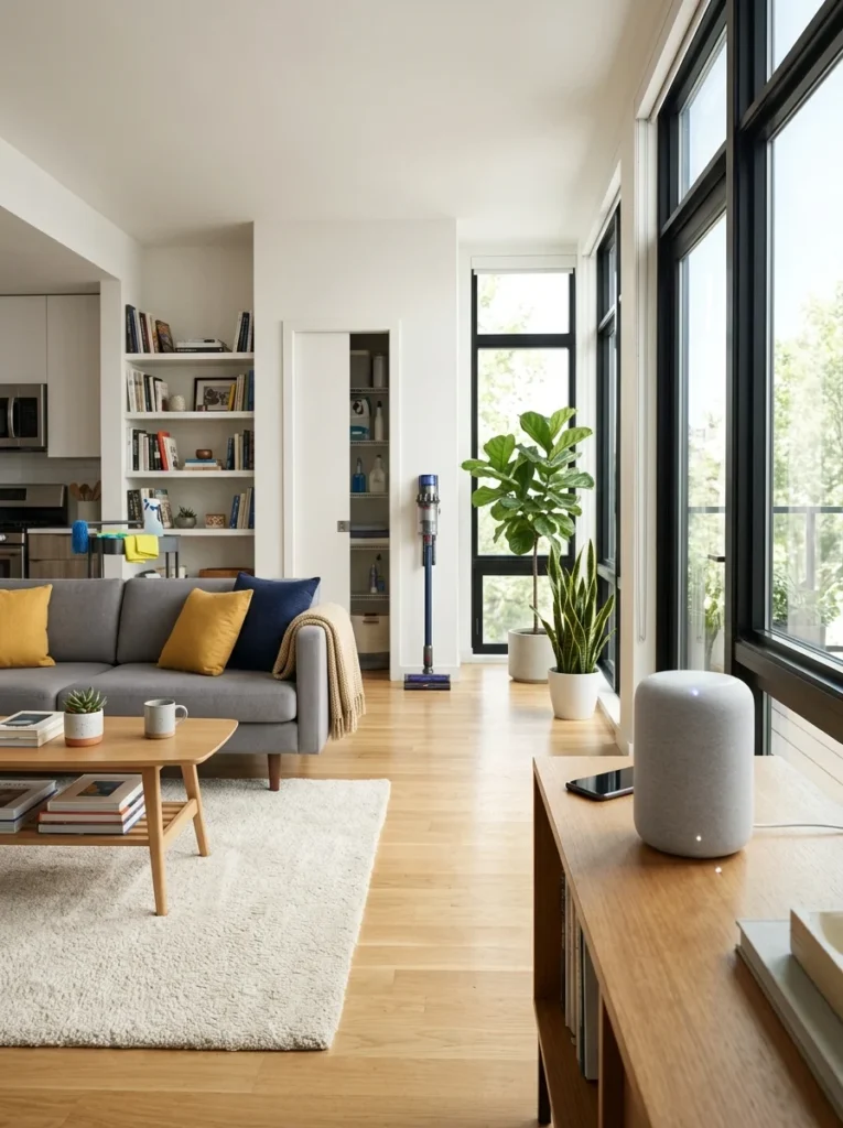 Person cleaning a living room while listening to music.