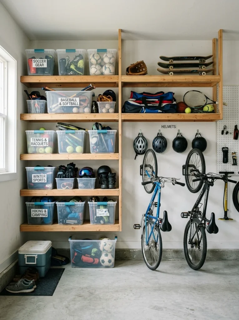 Organized sports equipment stored neatly in a family home.
