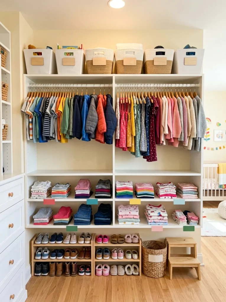 Organized children's wardrobe with neatly sorted clothing.