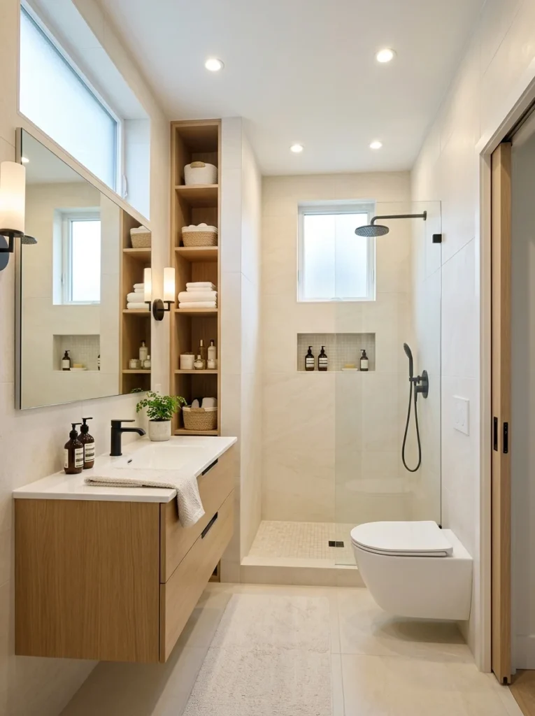 Beautiful modern small bathroom featuring space-saving layout ideas and minimalist design.