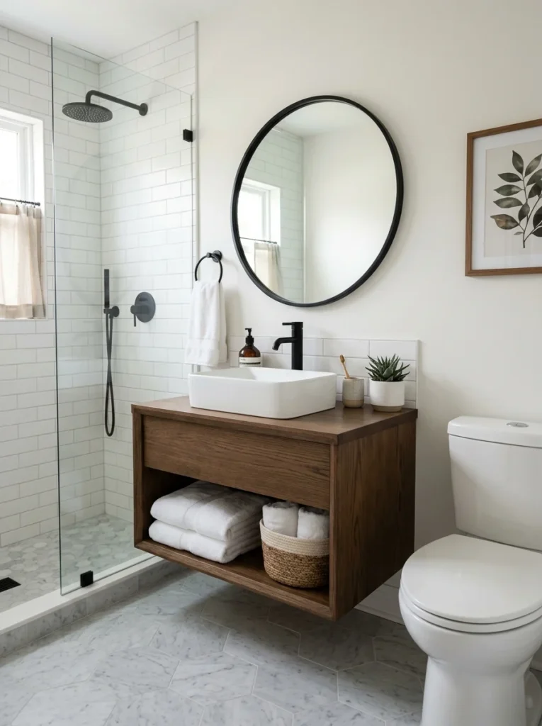 Stylish completed guest bathroom representing practical makeover solutions.