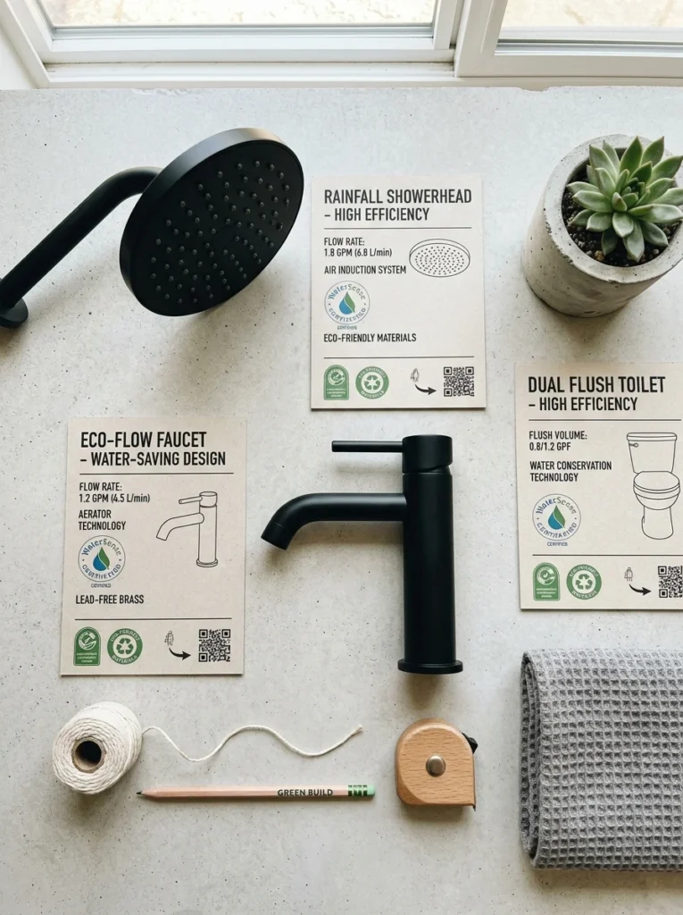 Water-efficient bathroom fixtures with recognized sustainability certifications.