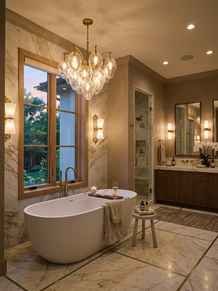 Sculptural chandelier and decorative sconces creating elegant layered bathroom lighting.