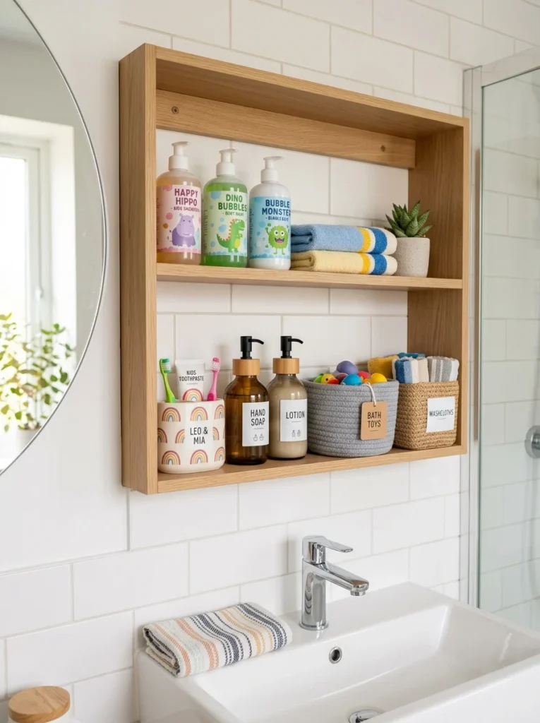 Organized children's bath products stored within easy reach.