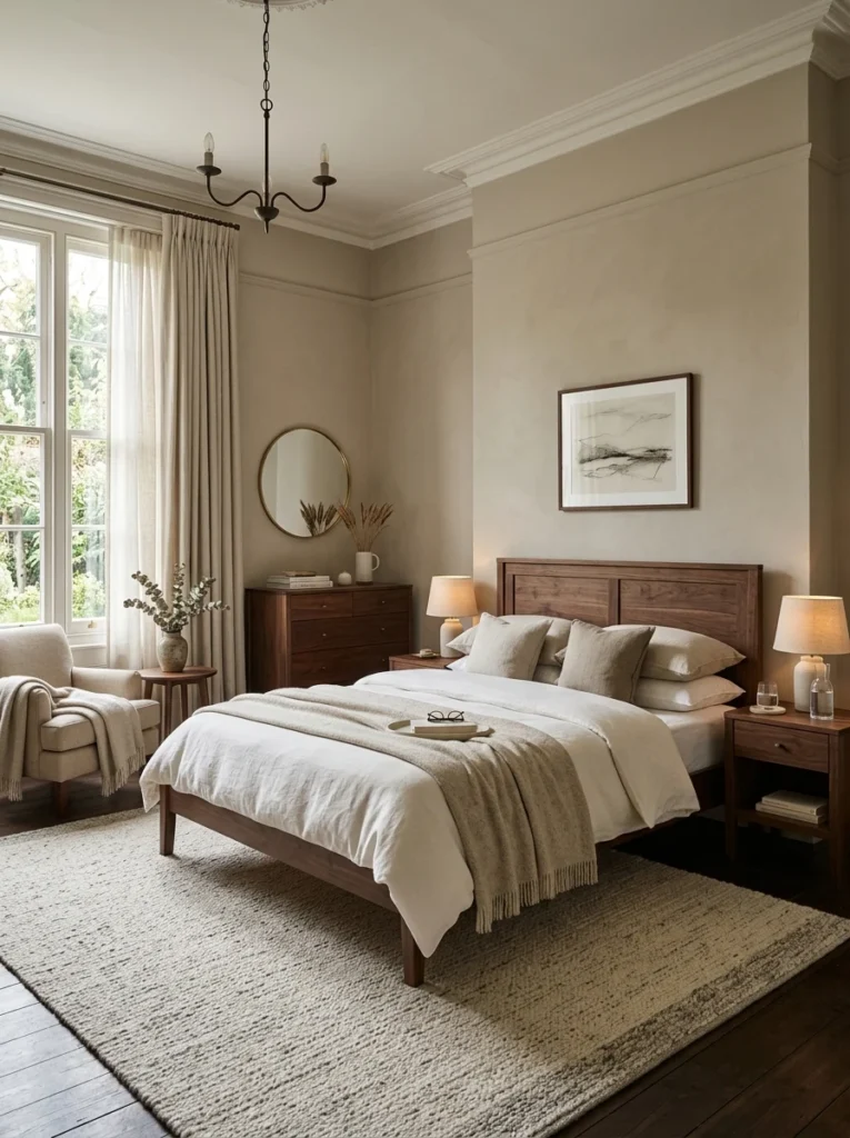 Elegant neutral bedroom designed with classic long-lasting paint colors.