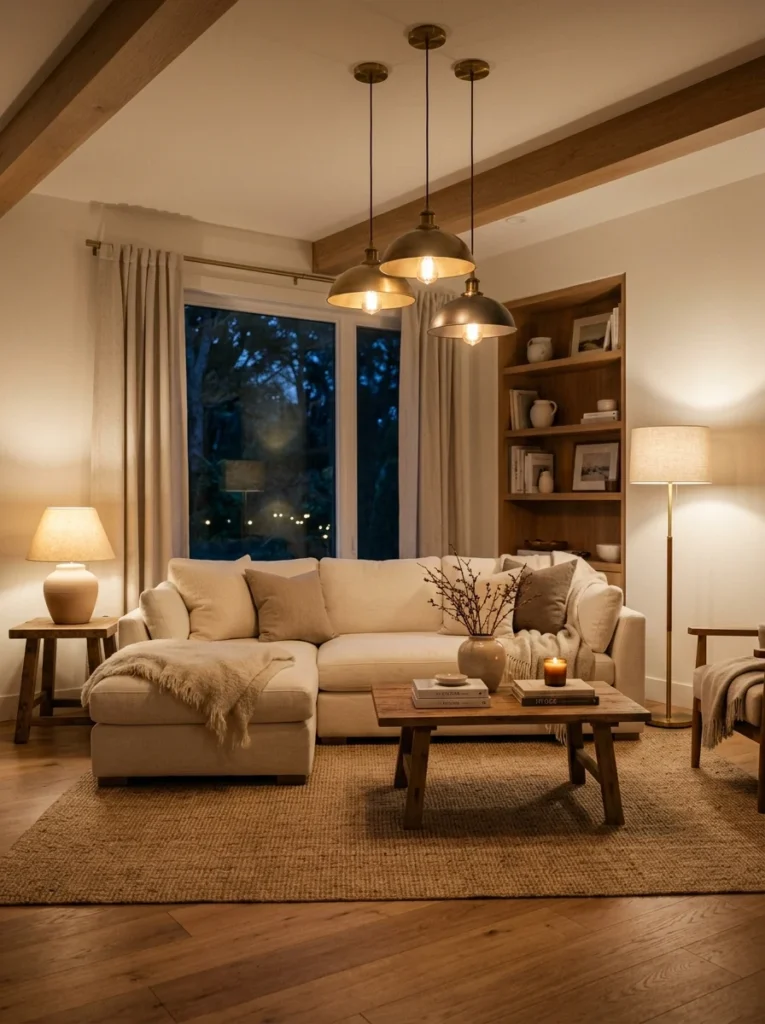 Neutral living room featuring timeless lighting fixtures and warm illumination.