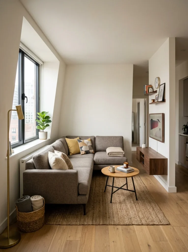 Compact sectional sofa fitting comfortably inside a small awkward living room.