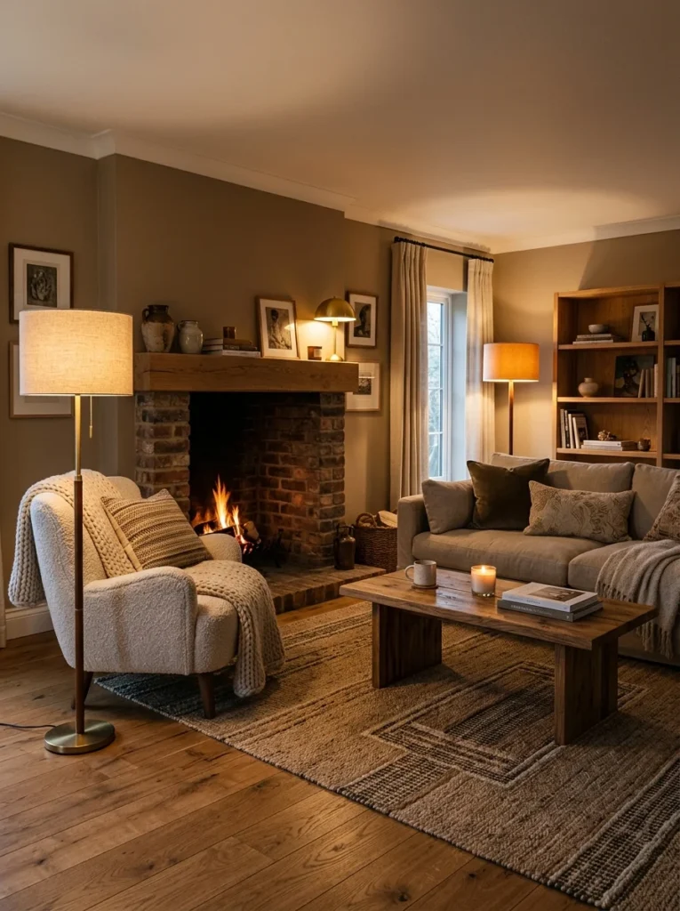 Warm lighting enhancing the appearance of layered textures in a living room.