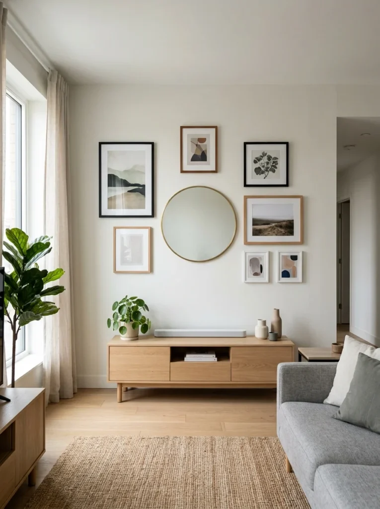 Decor and mirrors hung with removable adhesive hardware in a rental living room.