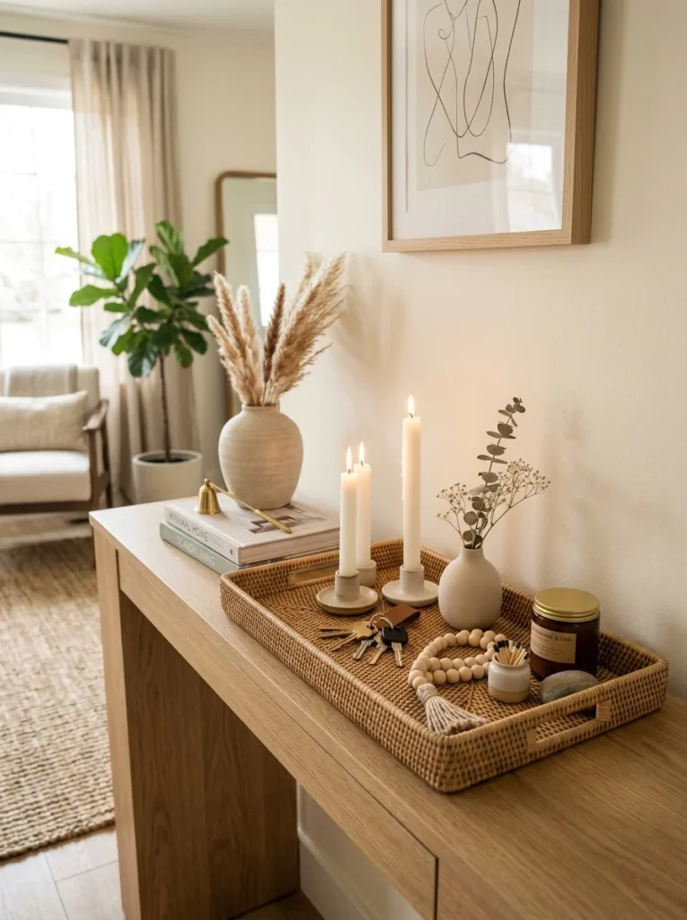 Decorative tray organizing small accessories on a console table.