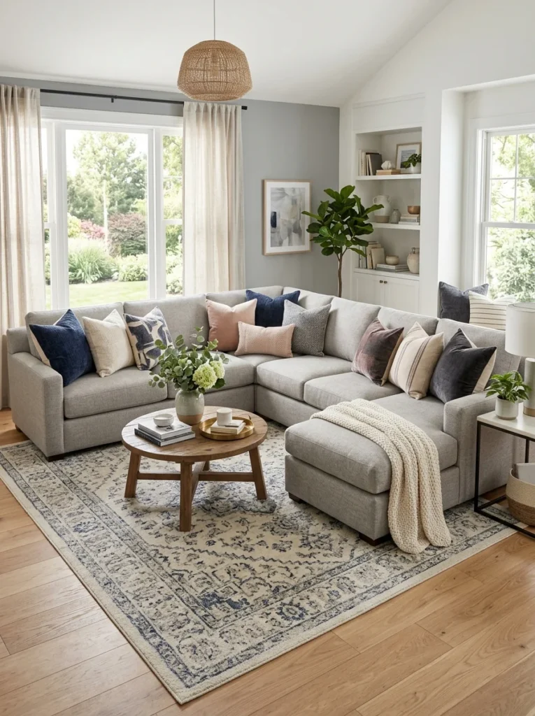 Coordinated throw pillows decorating the corner of a sectional sofa.