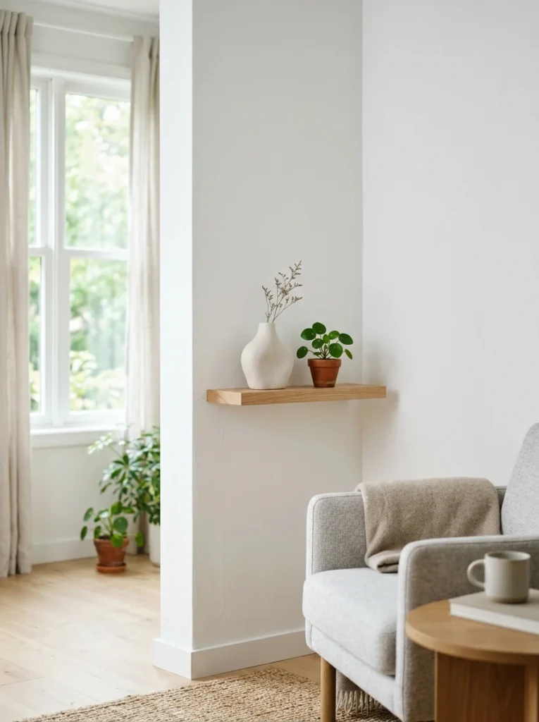 Minimal corner shelf featuring a sculptural vase and small indoor plant.