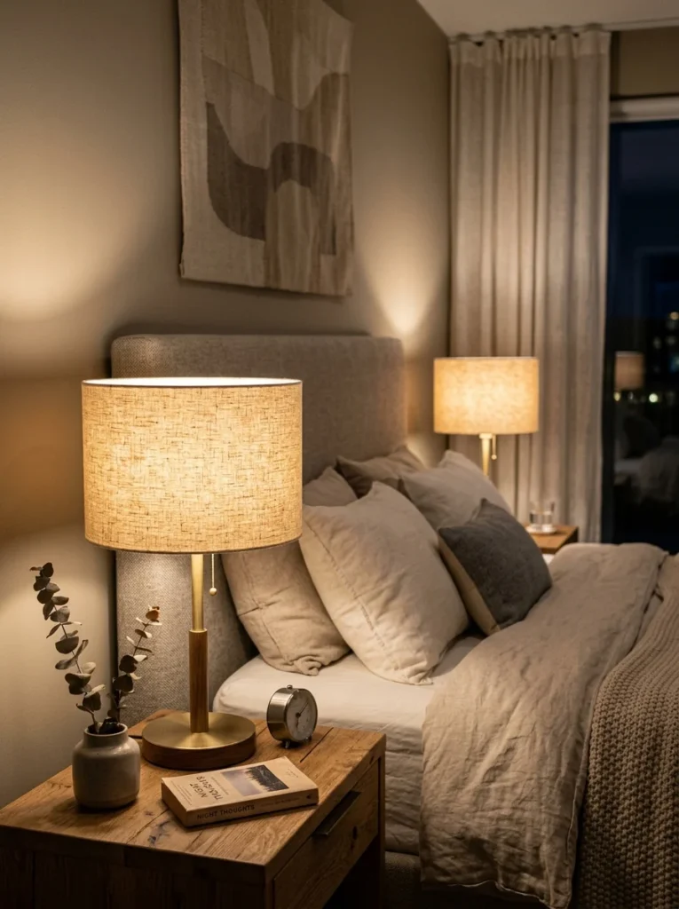 Linen lampshade diffusing warm light inside a modern bedroom.