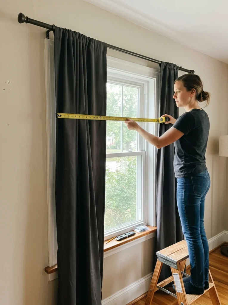 Measuring window width for properly sized blackout curtains.