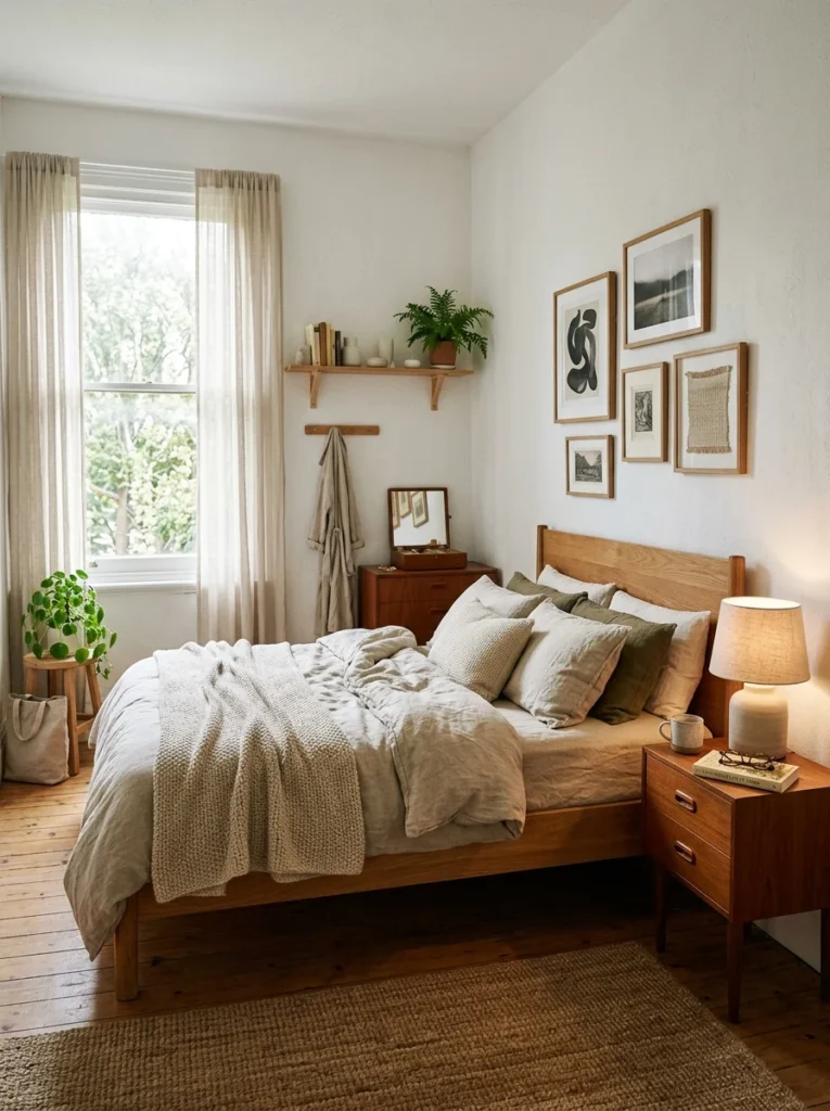 Warm minimalist bedroom styled with carefully selected furniture and meaningful decor collected over time.