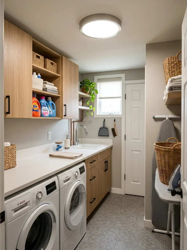Compact laundry room with a flush-mount LED ceiling fixture ideal for low ceilings.