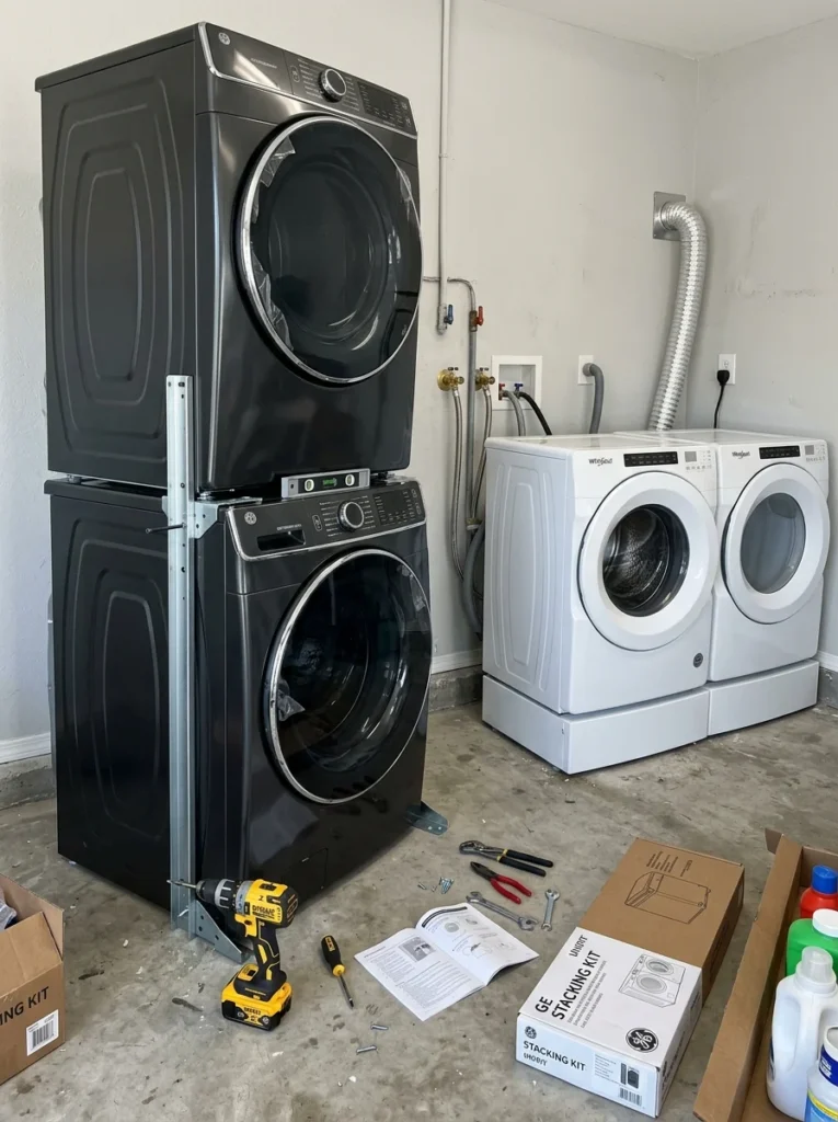 Installation comparison for stackable and side-by-side washer and dryer setups.