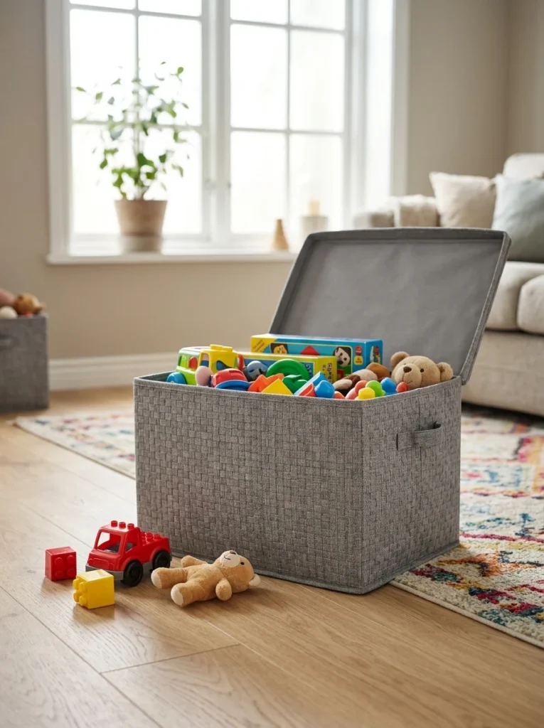 Child putting away toys after finishing playtime.