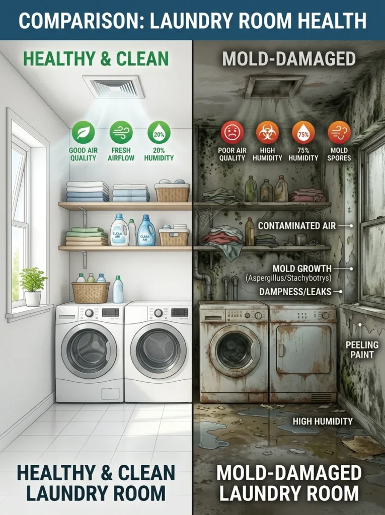 Comparison between a clean laundry room and one affected by mold damage.