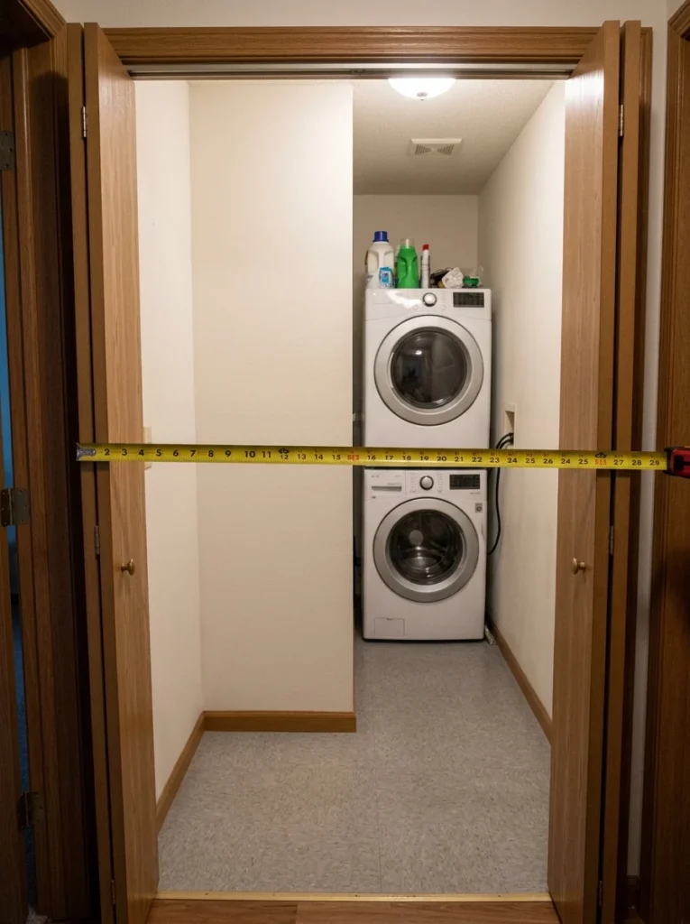 Measuring a small laundry closet before purchasing storage solutions.
