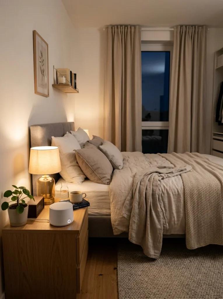 Quiet bedroom designed for restful sleep with calming sound accessories.