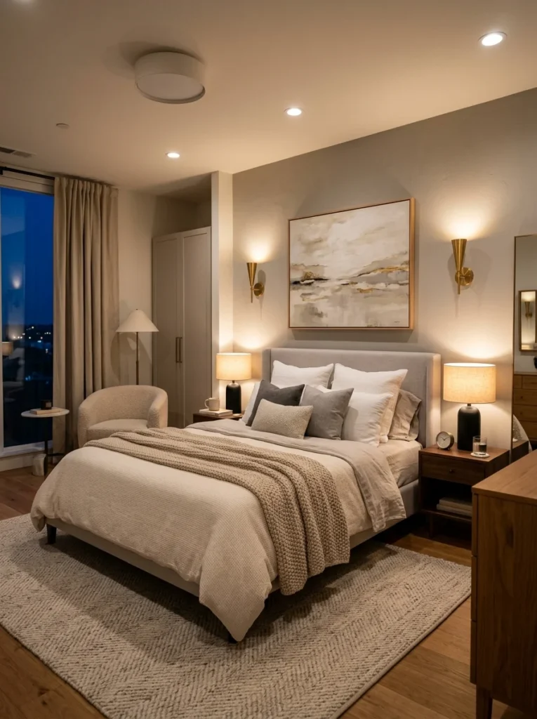 Cozy small bedroom using layered lighting with sconces and bedside lamps.