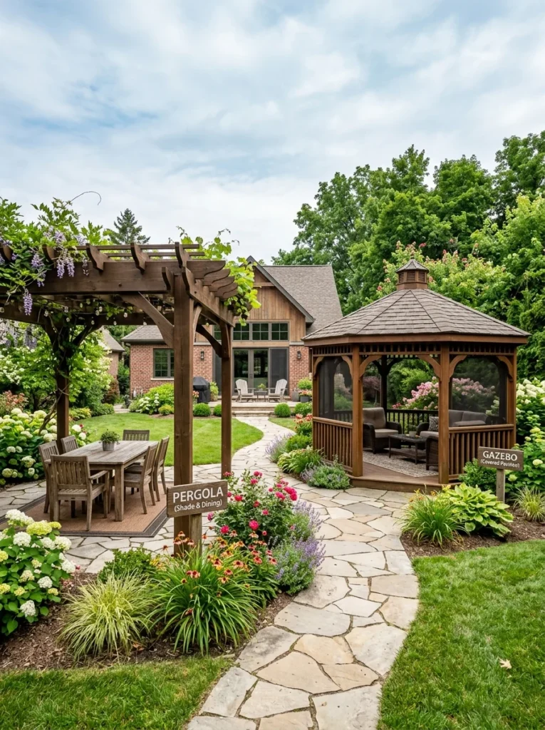 Backyard comparison scene featuring both pergolas and gazebos for outdoor living inspiration.