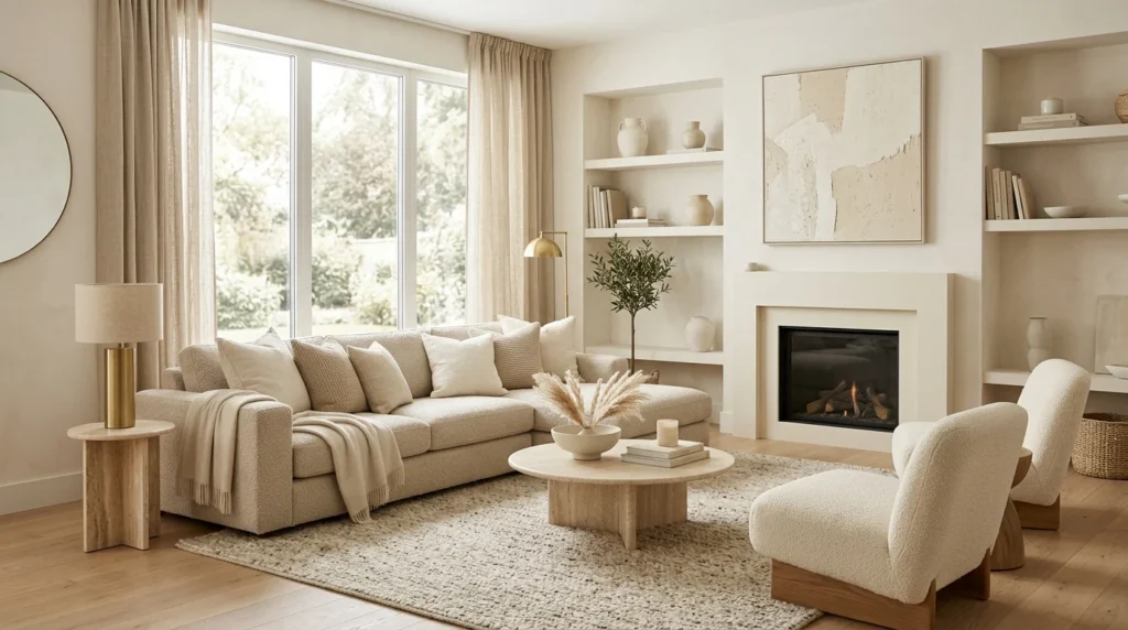 Cream and beige monochromatic minimalist living room design.