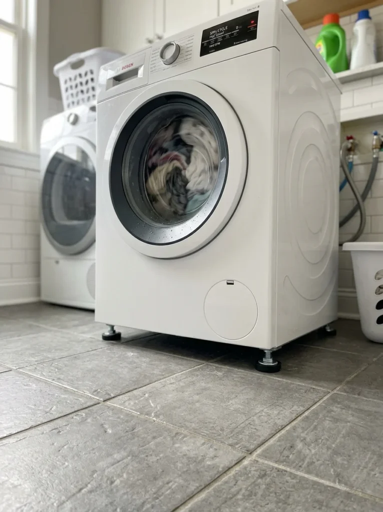 Washing machine installed securely on durable laundry room flooring.