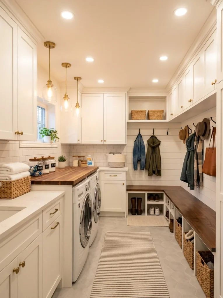 Spacious split-level laundry room and mudroom with separate functional areas.