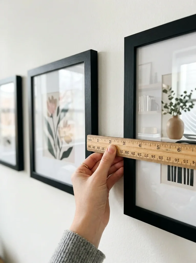 Equal spacing between picture frames on a gallery wall.