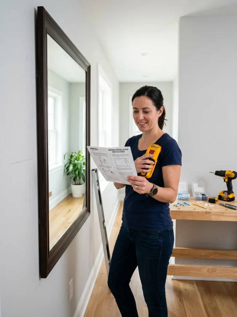 Homeowner reviewing mirror installation instructions beside mounted wall mirror.