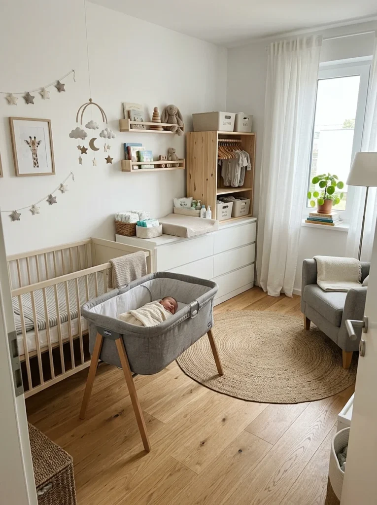 Practical nursery featuring a borrowed bassinet and temporary baby furniture for budget savings.