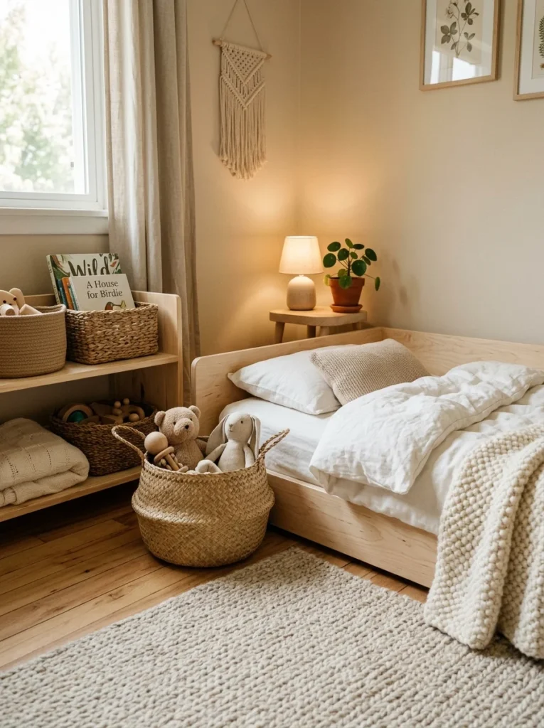 Natural wood furniture and cotton bedding in a Montessori toddler bedroom.