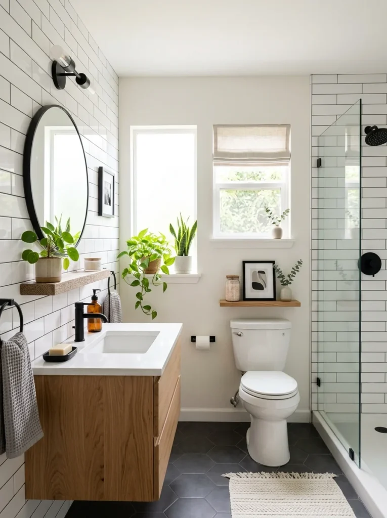 Modern budget-friendly bathroom featuring updated vanity, fixtures, and stylish decor.